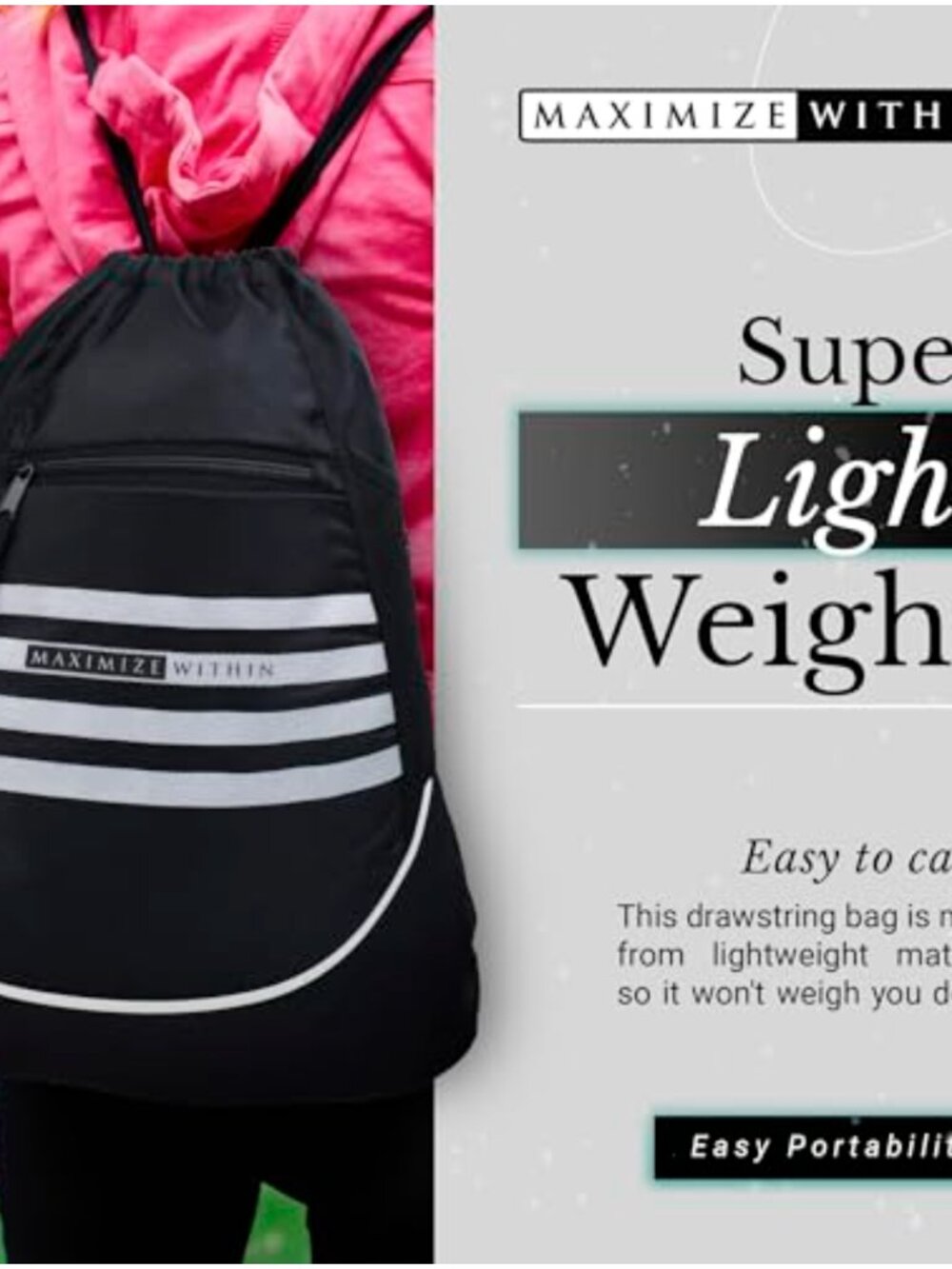 Water-Resistant Drawstring Sackpack Lightweight Gym Backpack Mesh Pockets - Picture 2 of 6